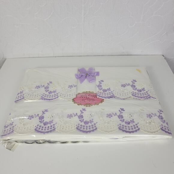 VTG Sheet Set Lilac Floral Embroidered Eyelet Cotton Lady Orchid NEW Old Stock - Picture 1 of 16